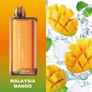 FLERBAR 8000 DISPOSABLE VAPE 8000 PUFFS Malaysia Mango PUFF COUNT: 8000 PUFFS MILLILITER: N/A NICOTINE STRENGTH: 50MG NICOTINE TYPE: SALT NICOTINE